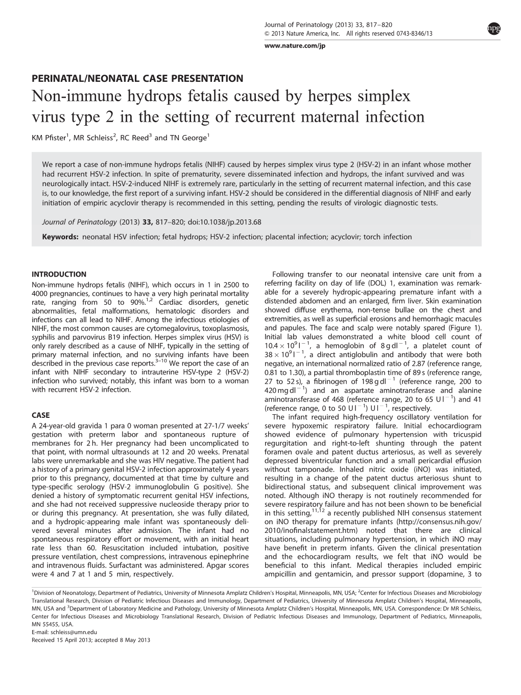 Non-Immune Hydrops Fetalis Caused by Herpes Simplex Virus Type 2 in the Setting of Recurrent Maternal Infection