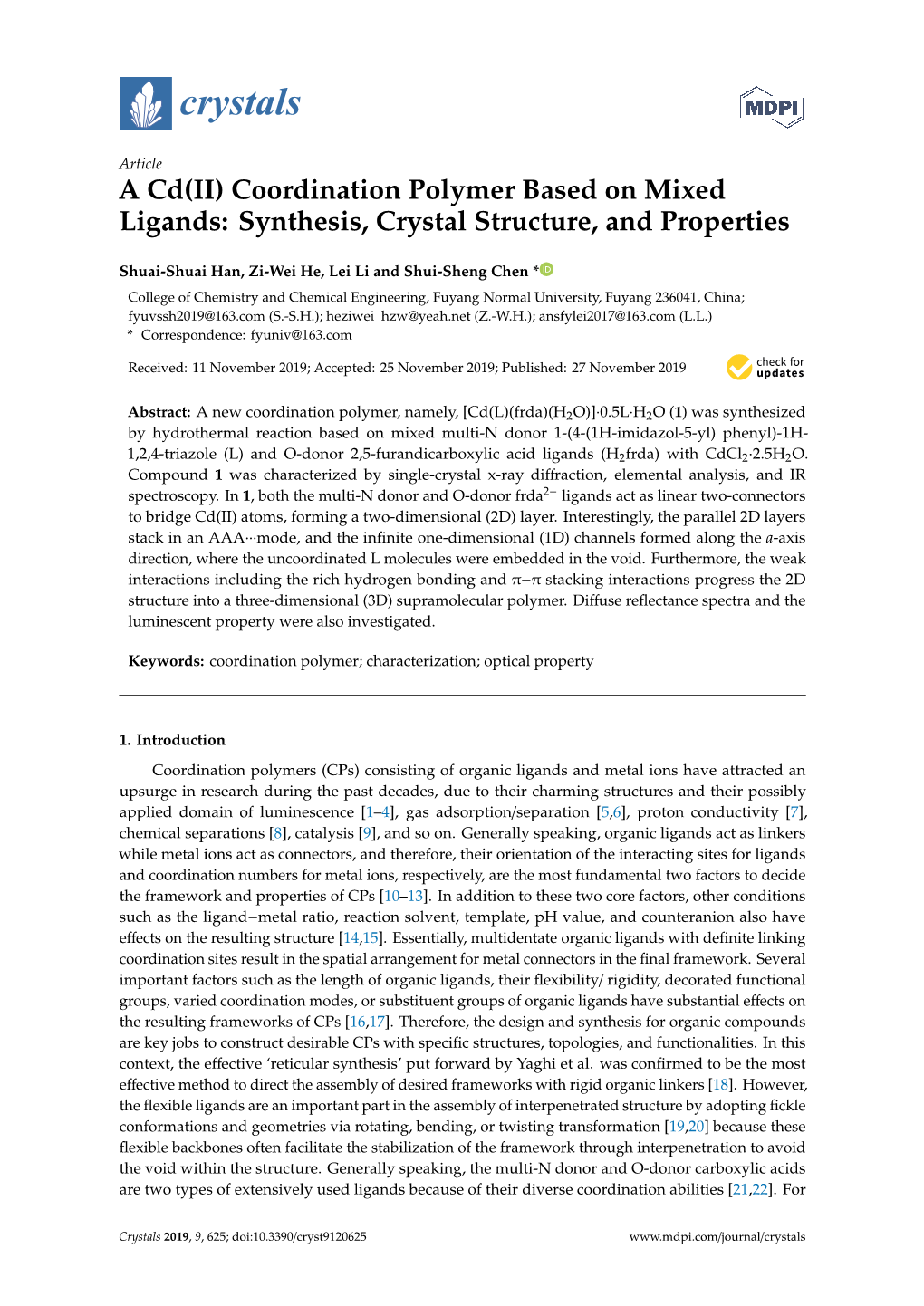 A Cd(II) Coordination Polymer Based on Mixed Ligands: Synthesis, Crystal Structure, and Properties