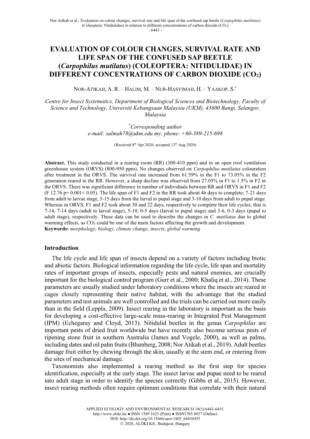 Carpophilus Mutilatus) (Coleoptera: Nitidulidae) in Relation to Different Concentrations of Carbon Dioxide (CO2) - 6443