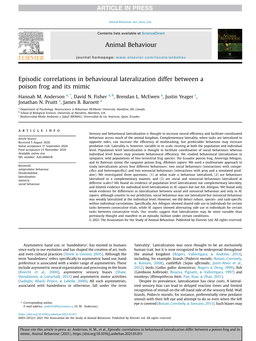 Episodic Correlations in Behavioural Lateralization Differ Between a Poison Frog and Its Mimic