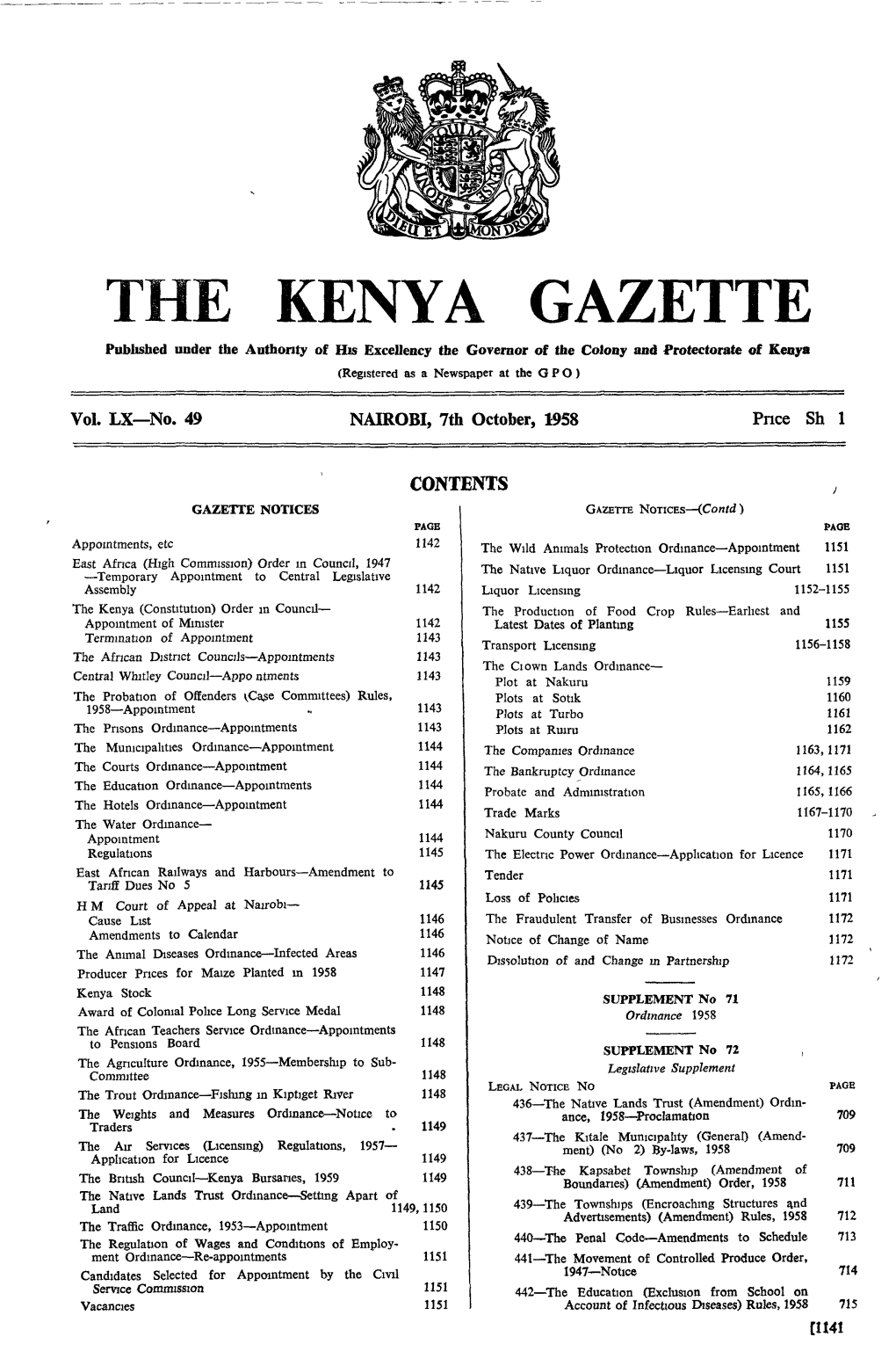 THE KENYA GAZETTE Pubhshed Under the Authority of Hw Excellency the Governor of the Colony and Protectorate of Kenya (Registered As a Newspaper at Thc G P 0 )