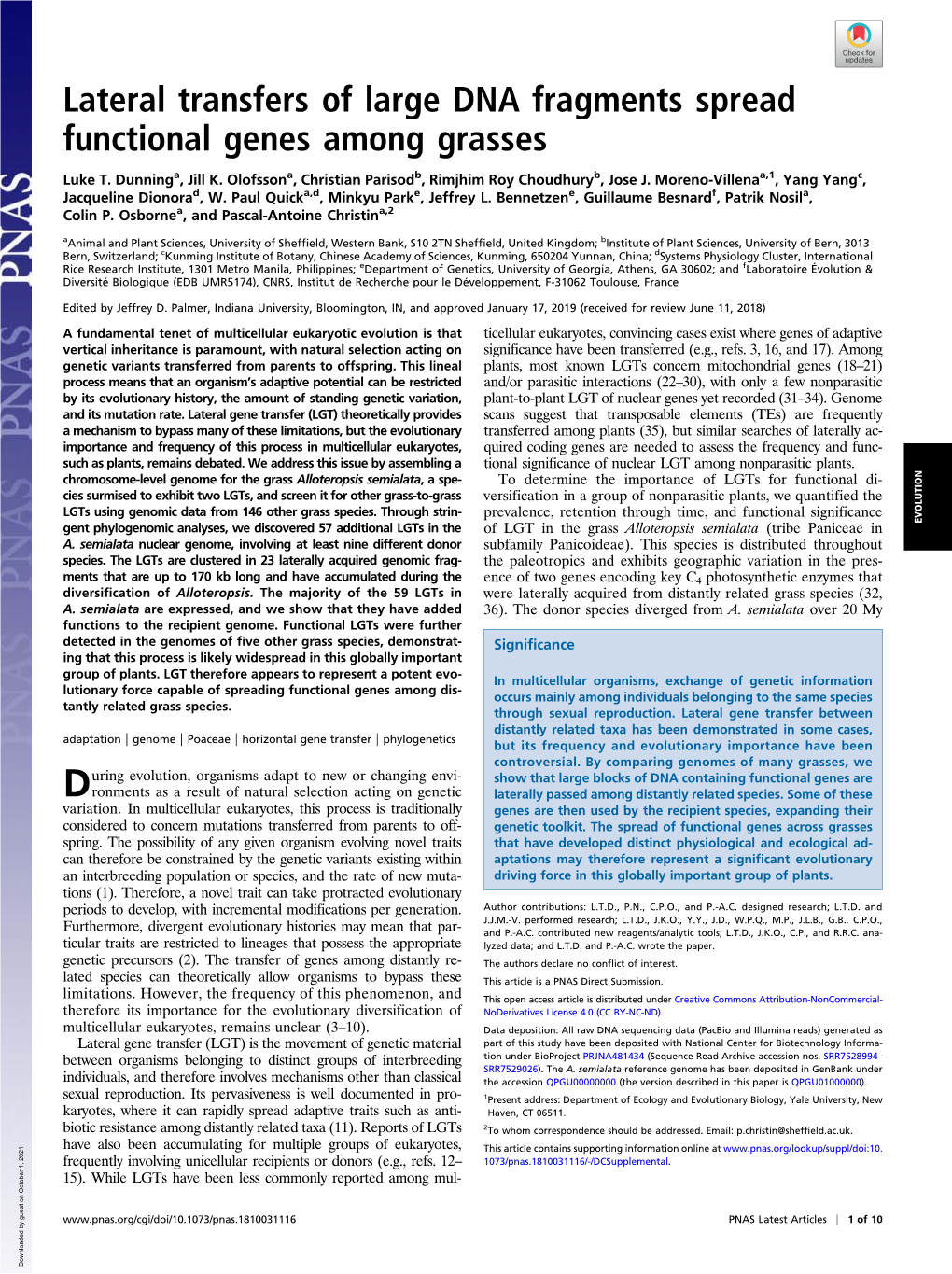 Lateral Transfers of Large DNA Fragments Spread Functional Genes Among Grasses