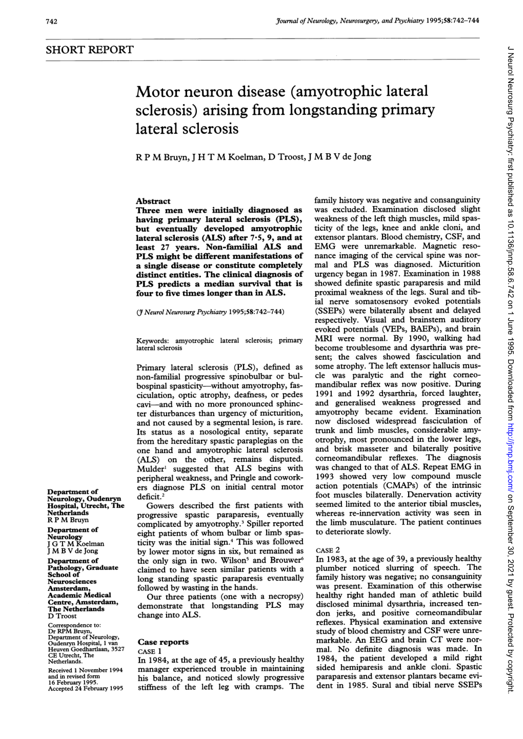 Motor Neuron Disease (Amyotrophic Lateral Sclerosis) Arising from Longstanding Primary Lateral Sclerosis