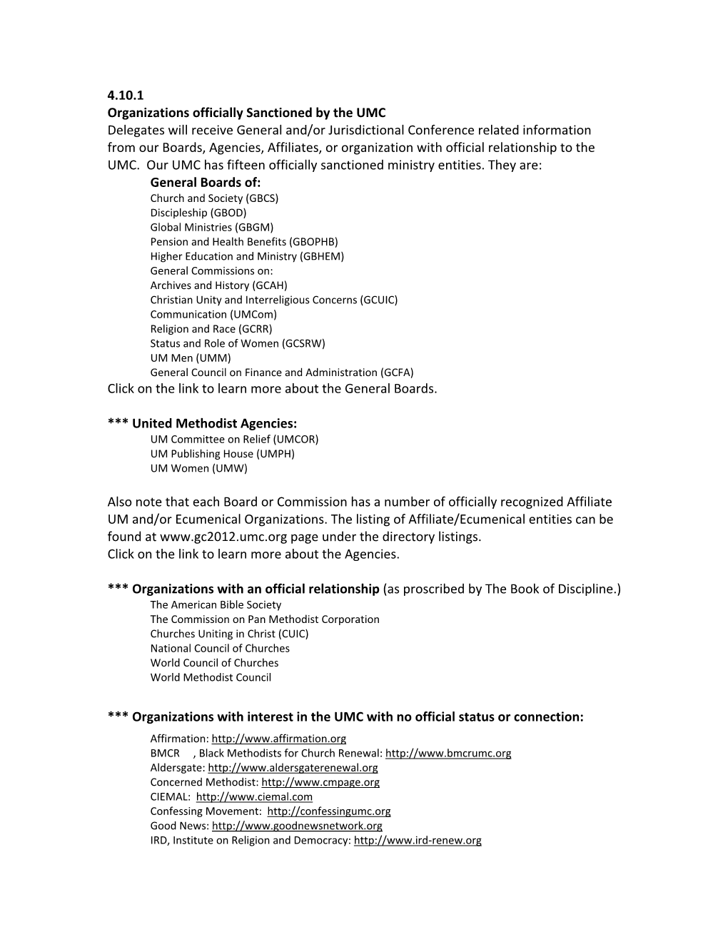 4.10.1 Organizations Officially Sanctioned by the UMC Delegates