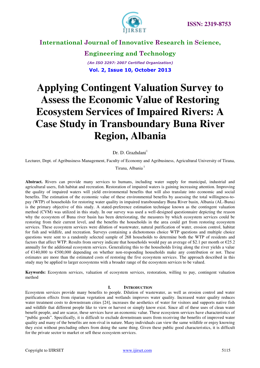 Applying Contingent Valuation Survey to Assess the Economic Value Of