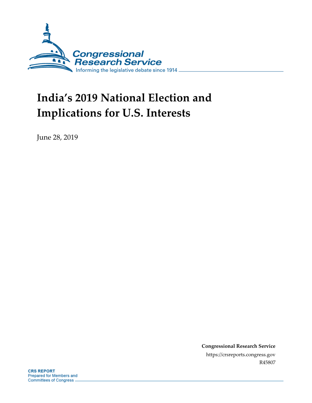 India's 2019 National Election and Implications for U.S. Interests