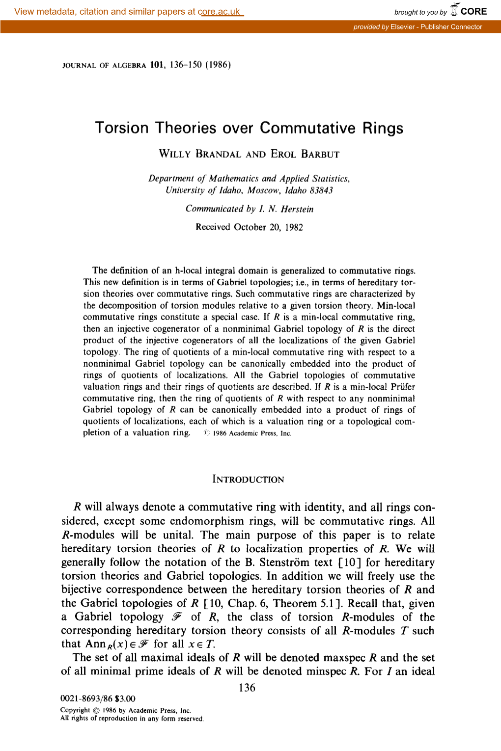 Torsion Theories Over Commutative Rings