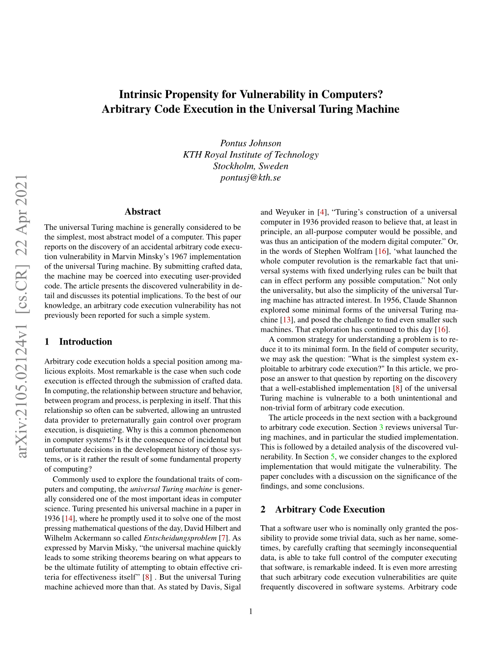 Intrinsic Propensity for Vulnerability in Computers? Arbitrary Code Execution in the Universal Turing Machine