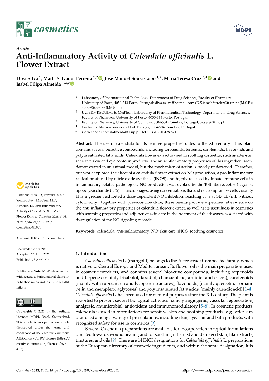 Anti-Inflammatory Activity of Calendula Officinalis L. Flower Extract