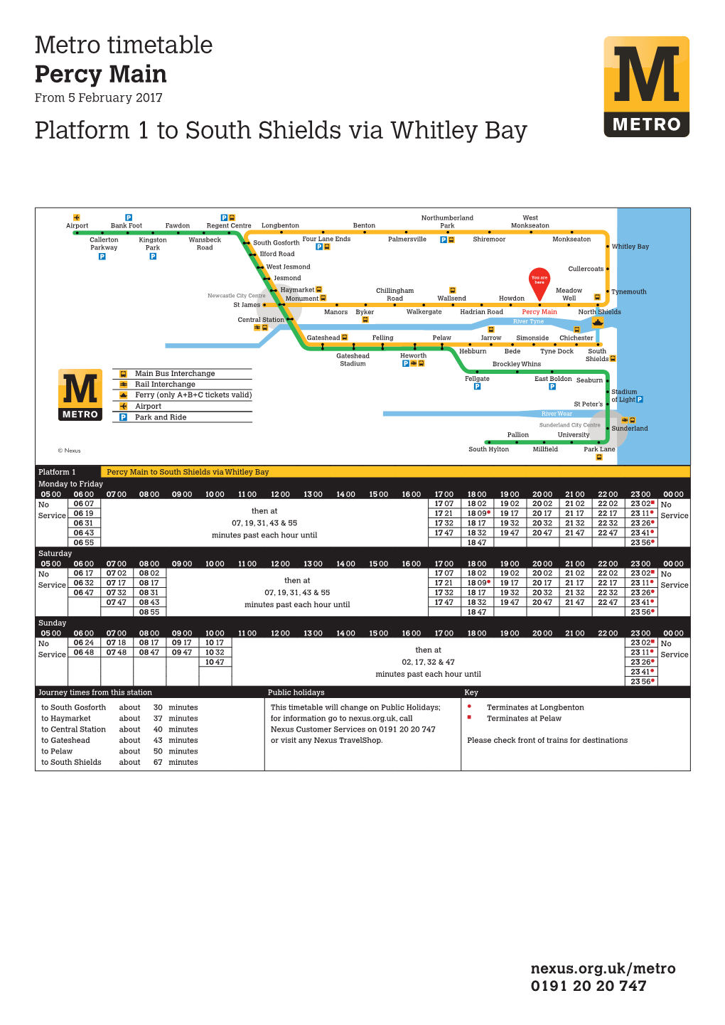 Metro Timetable Percy Main Platform 1 to South Shields Via Whitley