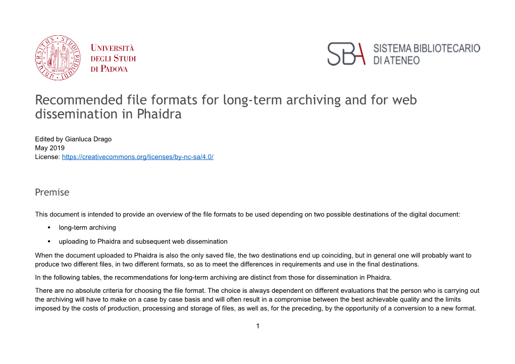 Recommended File Formats for Long-Term Archiving and for Web Dissemination in Phaidra