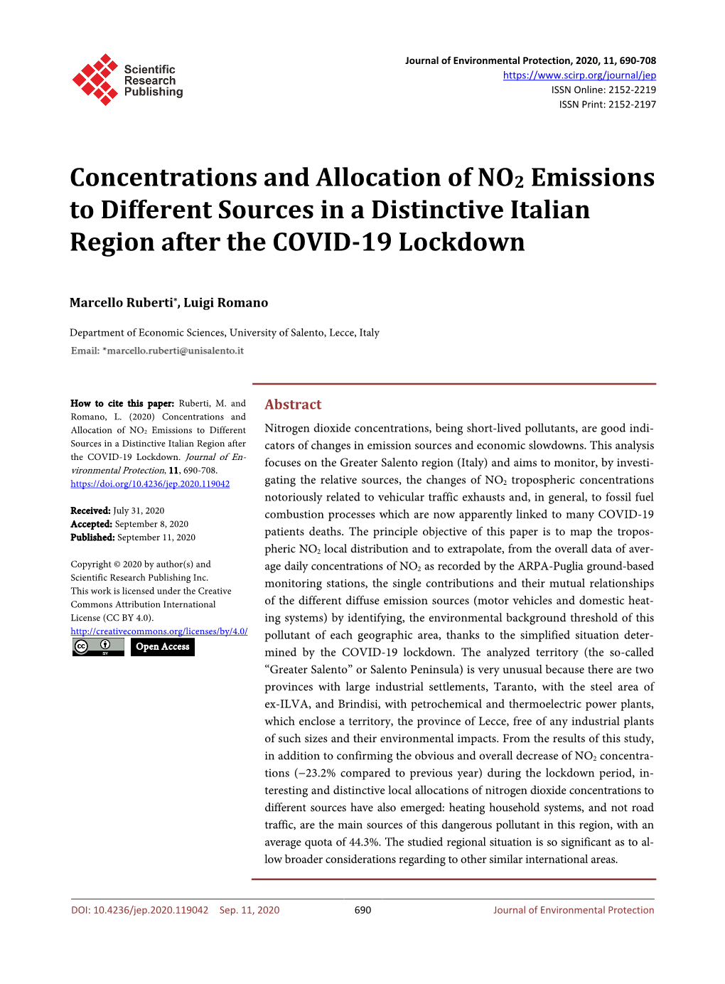 Concentrations and Allocation of NO2 Emissions to Different Sources in a Distinctive Italian Region After the COVID-19 Lockdown