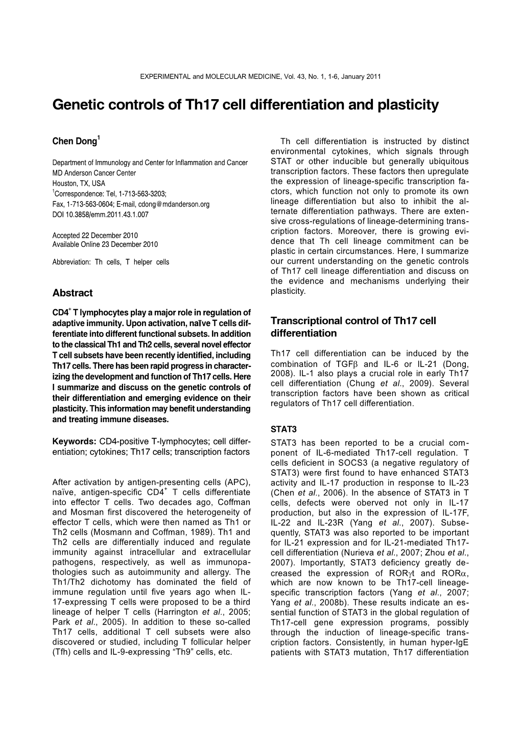 Genetic Controls of Th17 Cell Differentiation and Plasticity