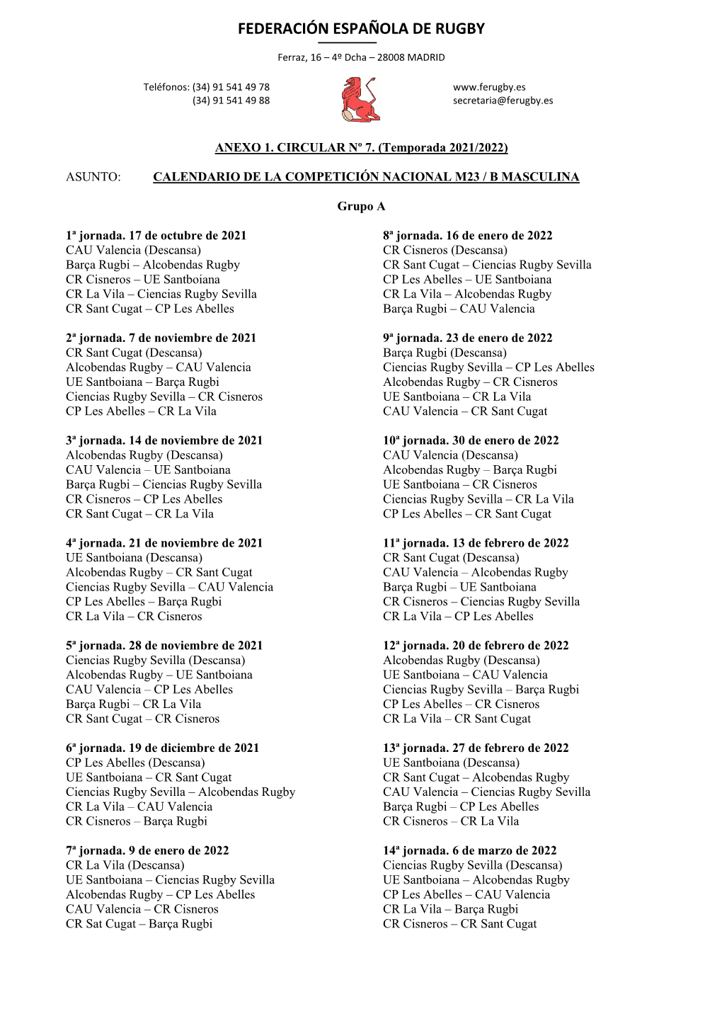 Circular 7. Anexo 1 – Calendario Competición Nacional M23