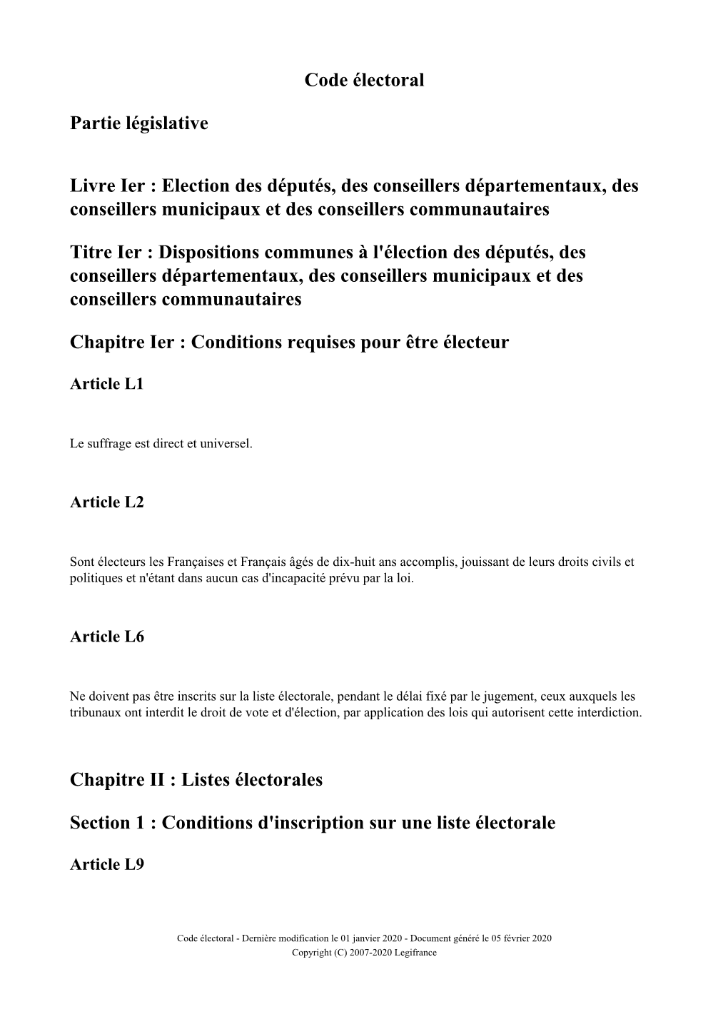 Code Électoral Partie Législative Livre Ier : Election Des Députés, Des