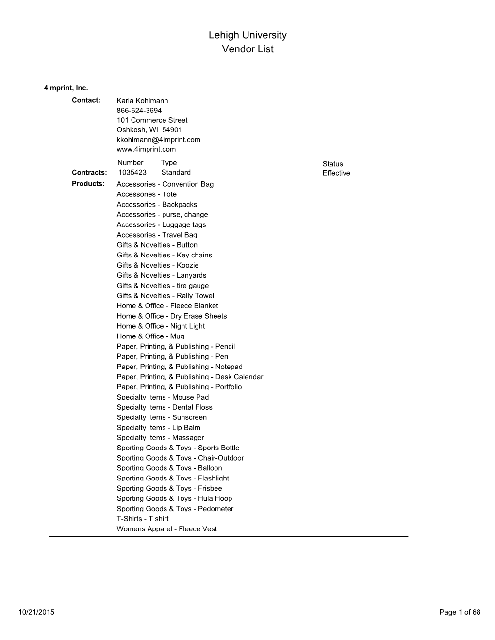 Lehigh University Vendor List