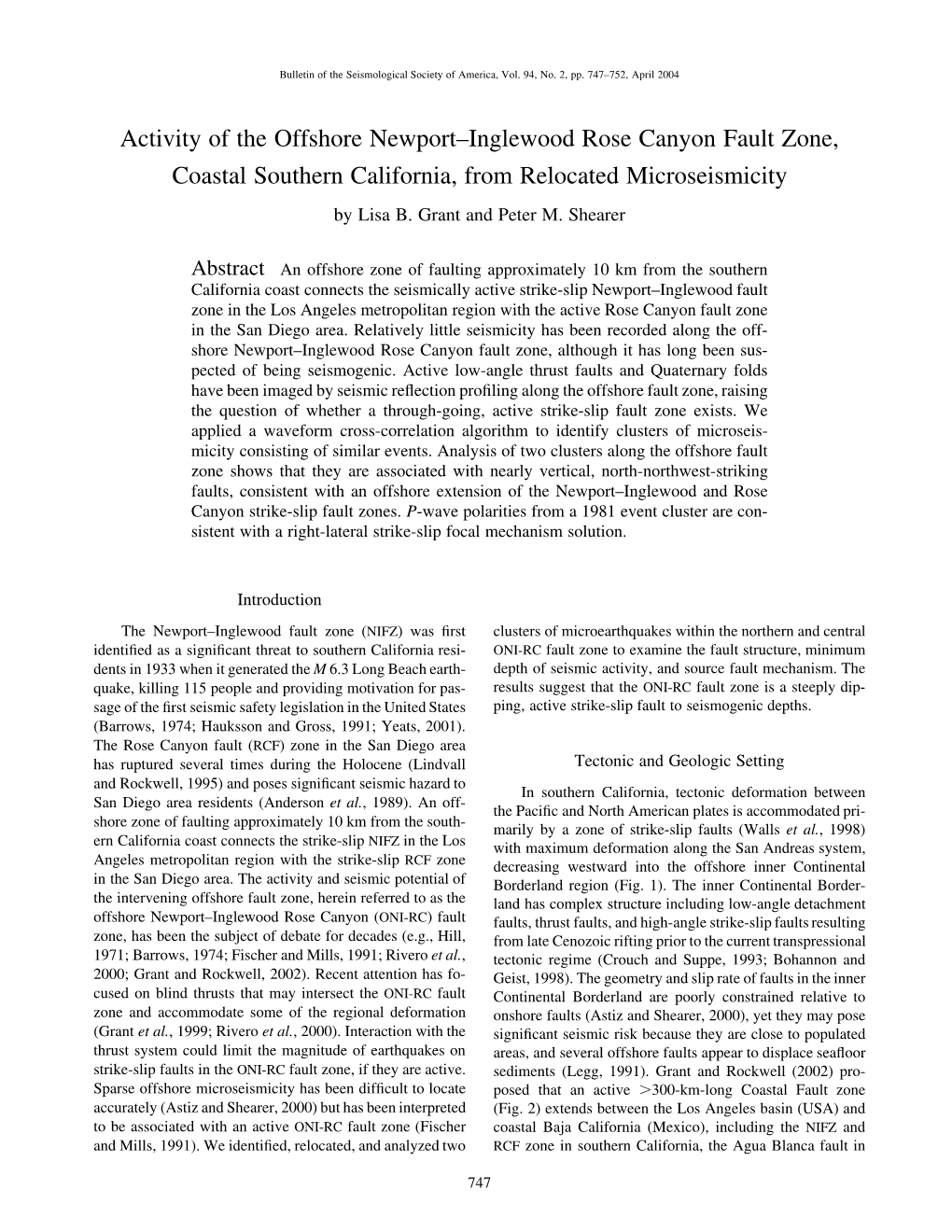 Activity of the Offshore Newport–Inglewood Rose Canyon Fault Zone, Coastal Southern California, from Relocated Microseismicity by Lisa B