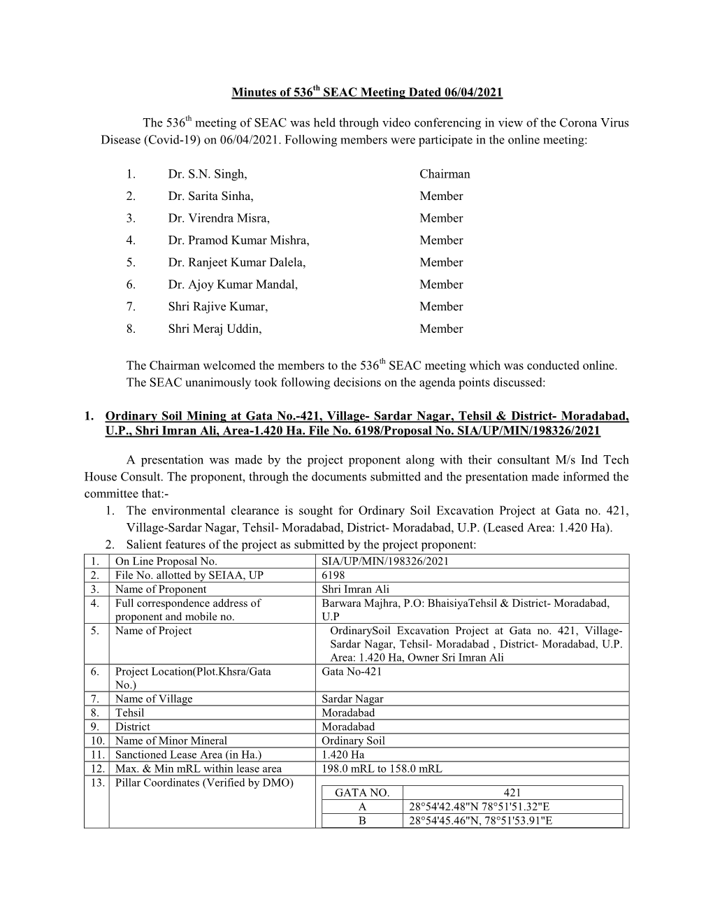 Minutes of 536Th SEAC Meeting Dated 06/04/2021 the 536Th Meeting Of