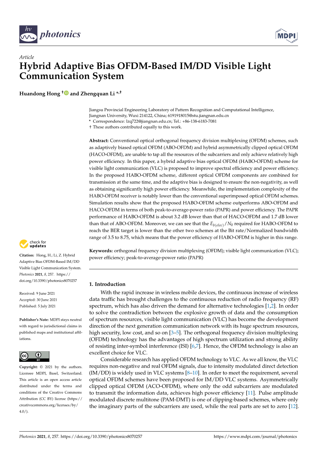 Hybrid Adaptive Bias OFDM-Based IM/DD Visible Light Communication System