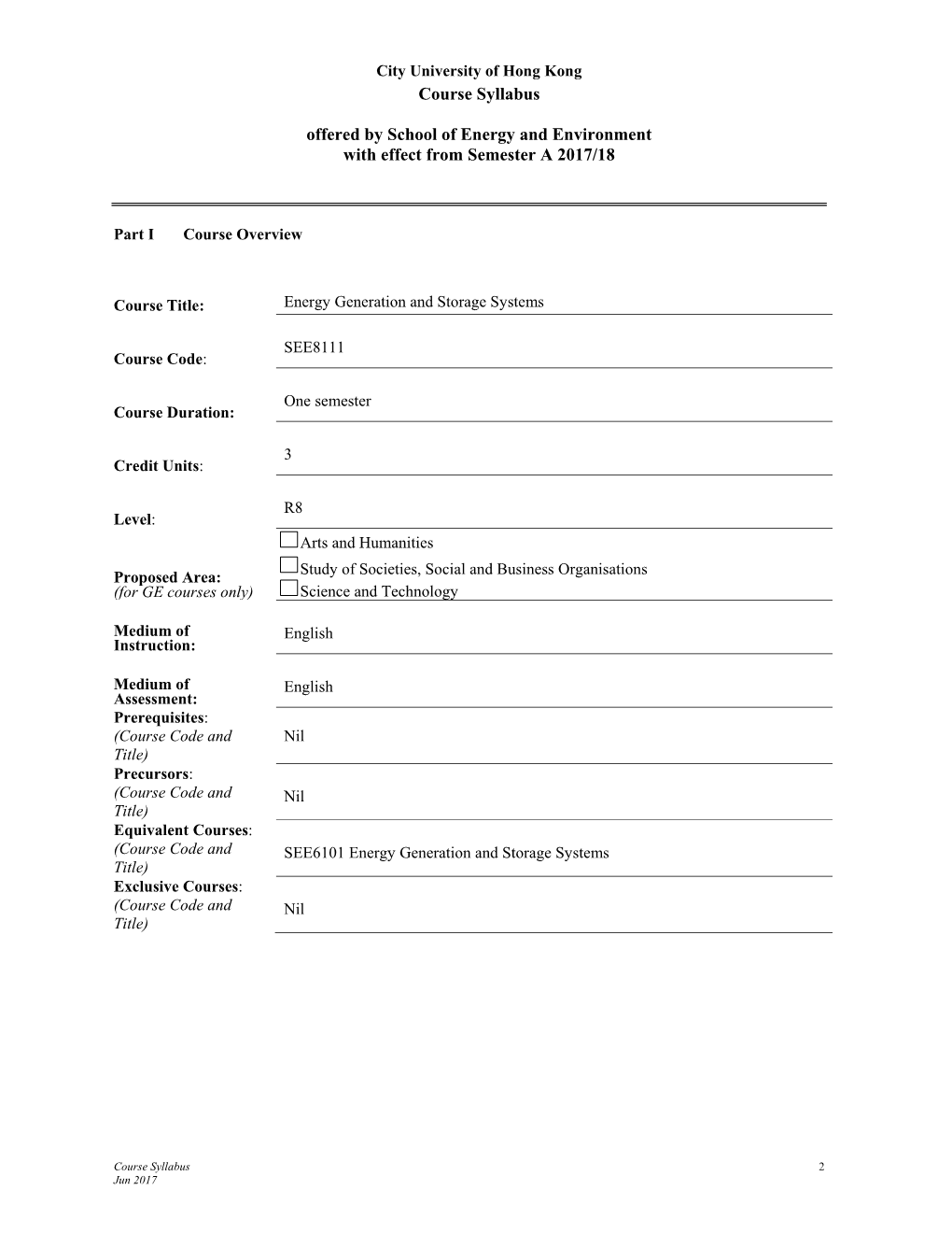 Course Syllabus Offered by School of Energy and Environment with Effect