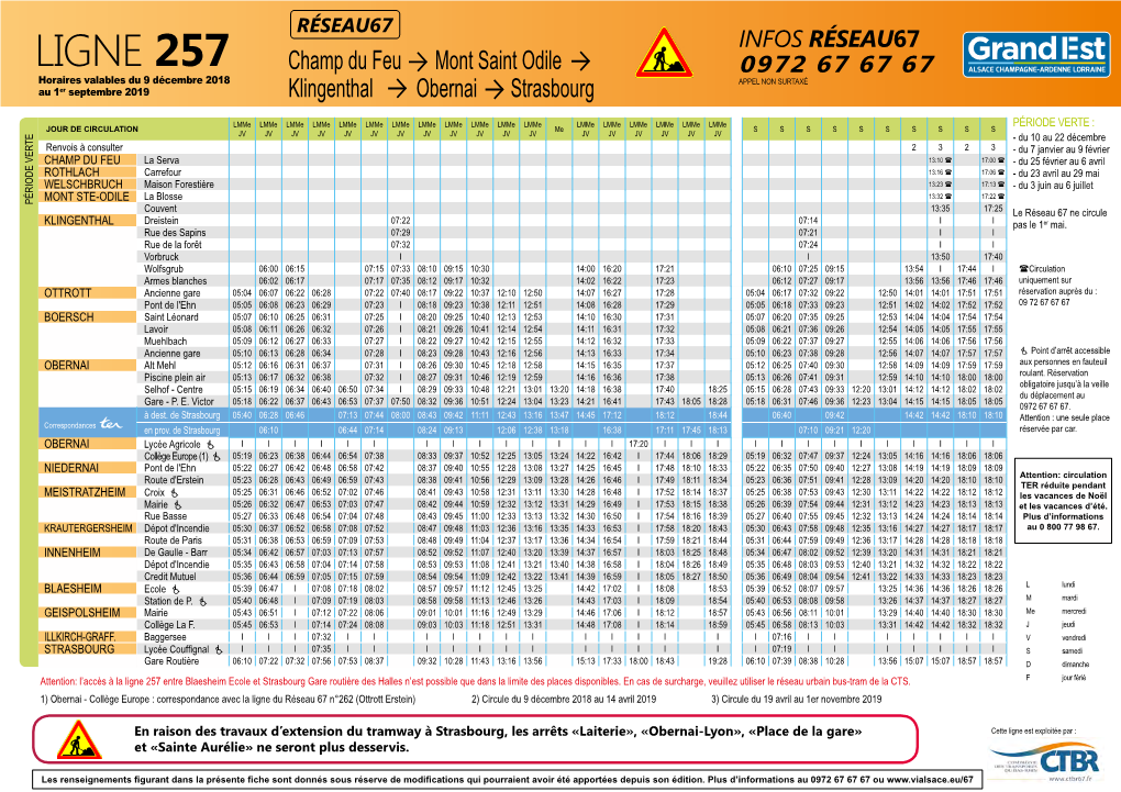 LIGNE 257 Champ Du Feu Mont Saint Odile 0972 67 67 67 Horaires Valables Du 9 Décembre 2018 APPEL NON SURTAXÉ Au 1Er Septembre 2019 Klingenthal Obernai Strasbourg