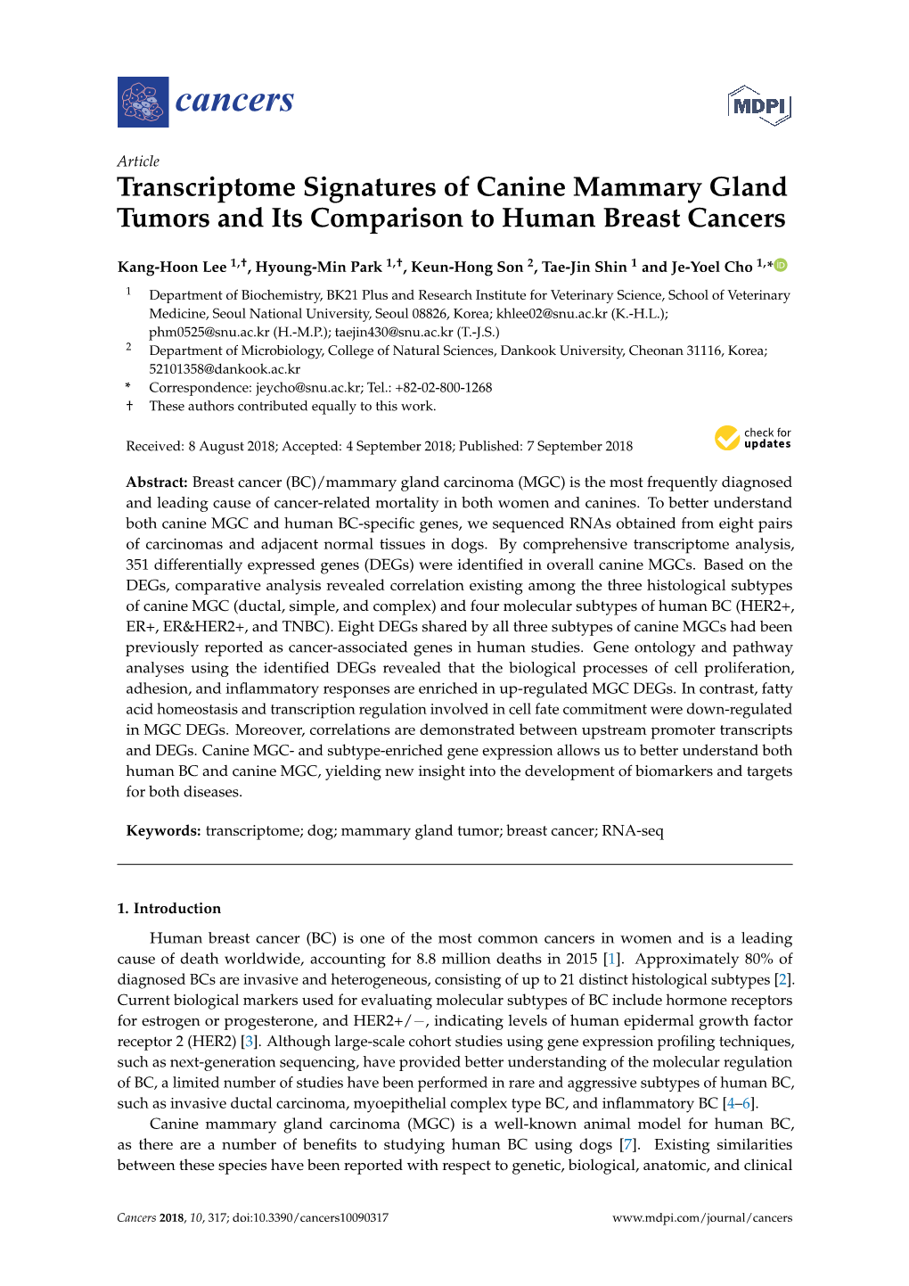 Transcriptome Signatures of Canine Mammary Gland Tumors and Its Comparison to Human Breast Cancers