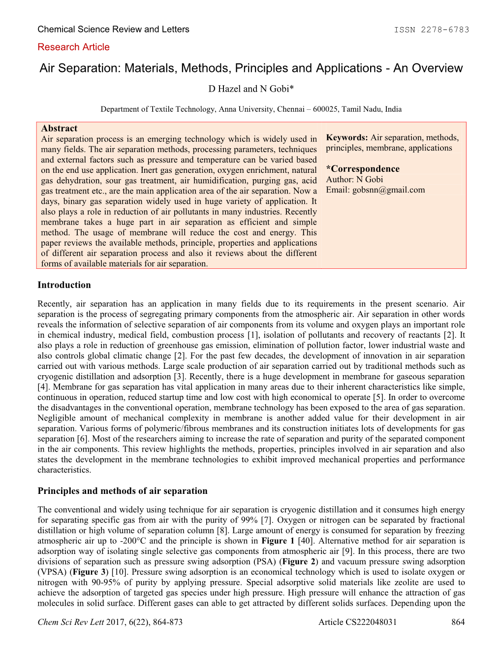 Air Separation: Materials, Methods, Principles and Applications - an Overview D Hazel and N Gobi*