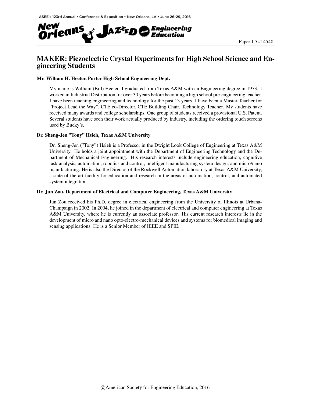 Piezoelectric Crystal Experiments for High School Science and En- Gineering Students