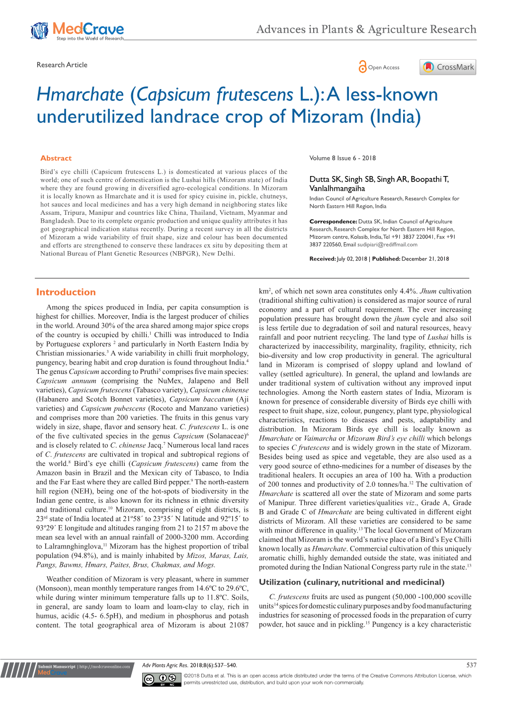 Capsicum Frutescens L.): a Less-Known Underutilized Landrace Crop of Mizoram (India)