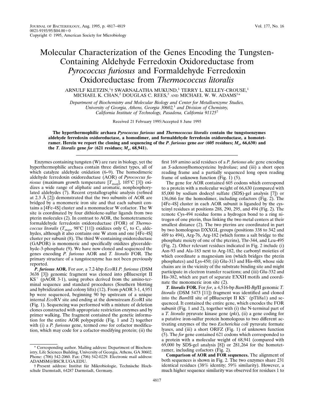 Containing Aldehyde Ferredoxin Oxidoreductase From