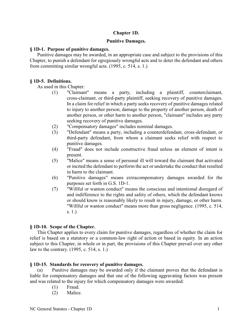 Chapter 1D. Punitive Damages. § 1D-1. Purpose of Punitive Damages