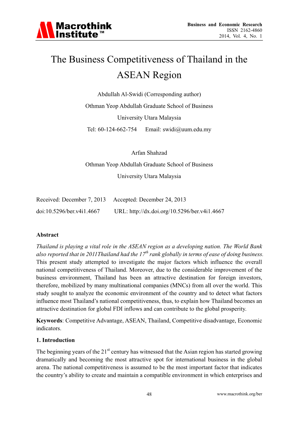 The Business Competitiveness of Thailand in the ASEAN Region