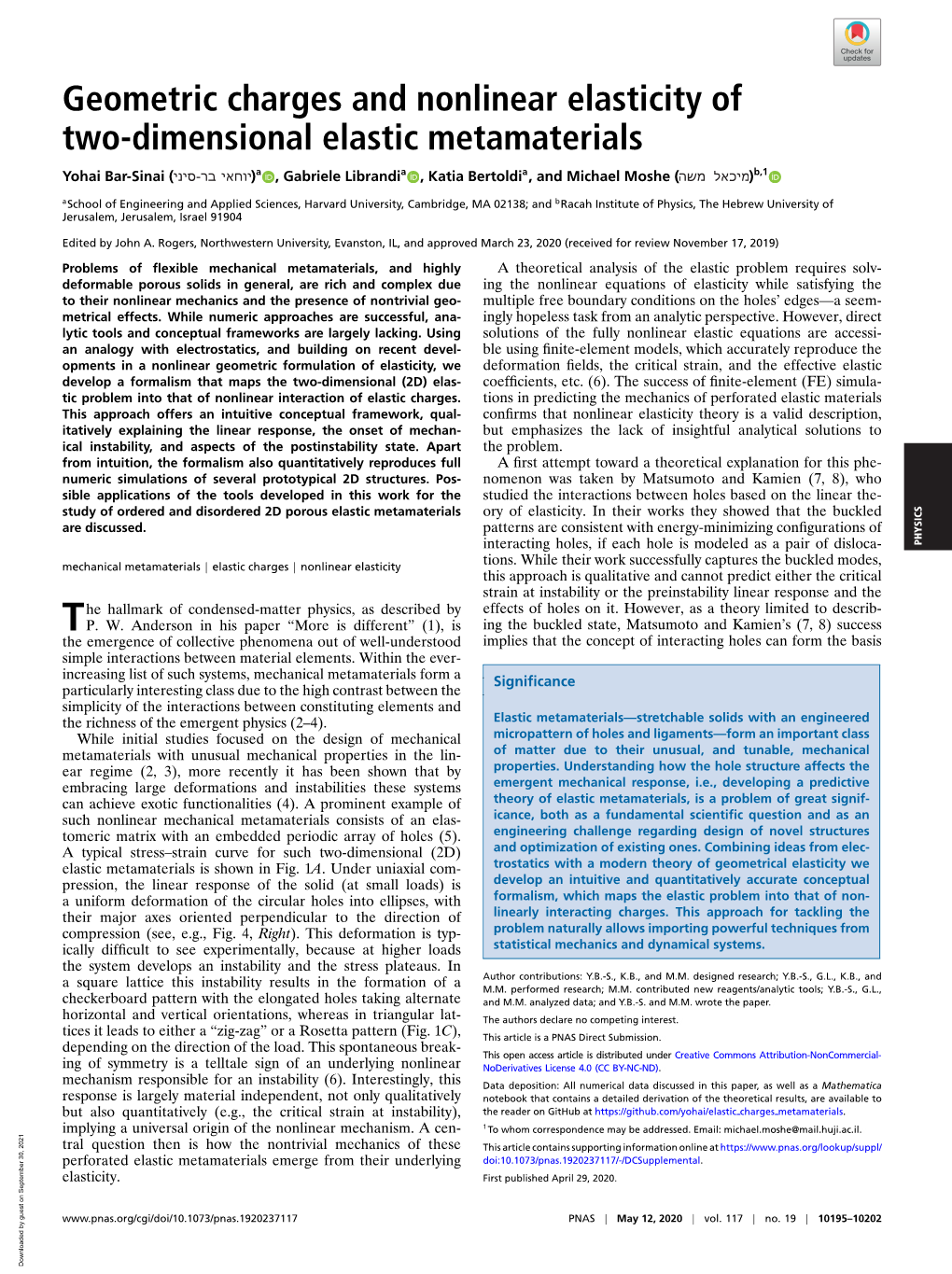 Geometric Charges and Nonlinear Elasticity of Two-Dimensional Elastic Metamaterials