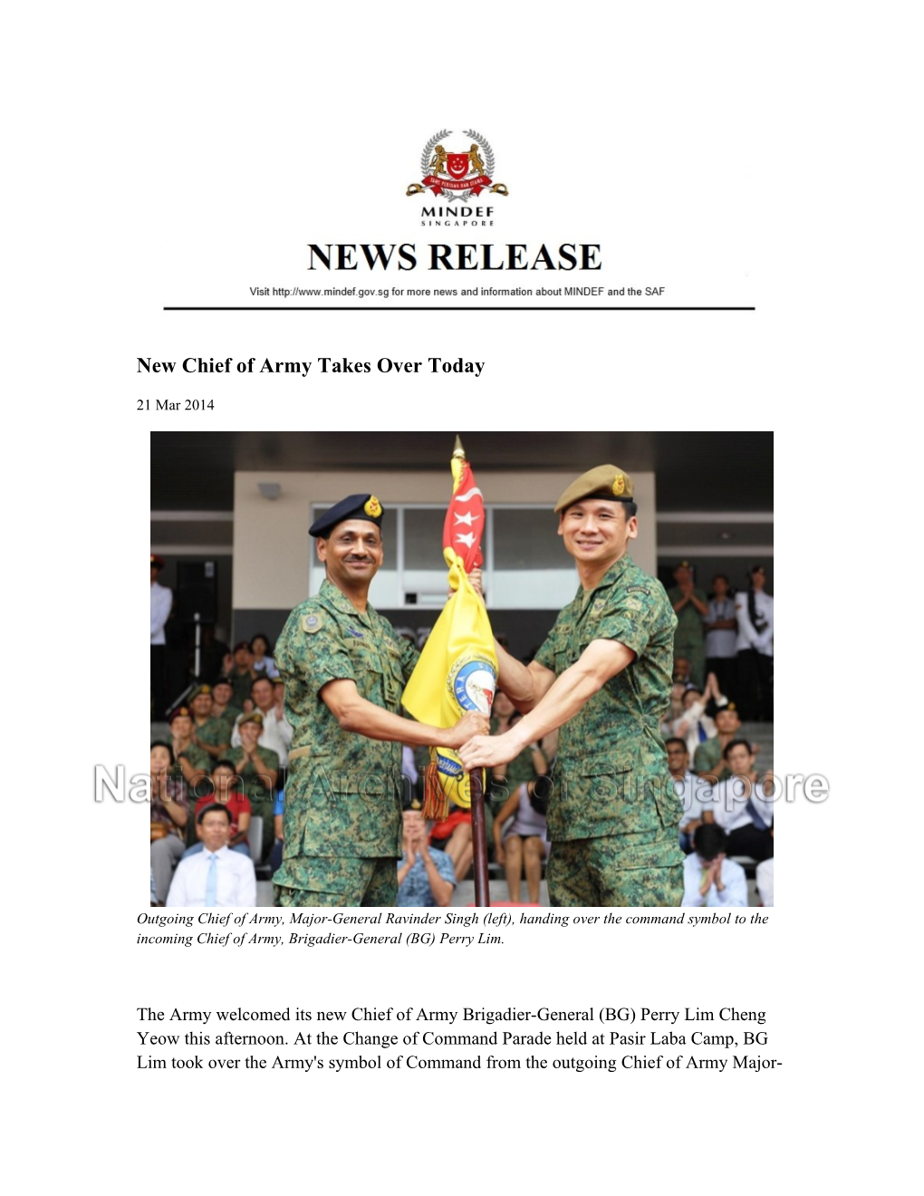 New Chief of Army Takes Over Today