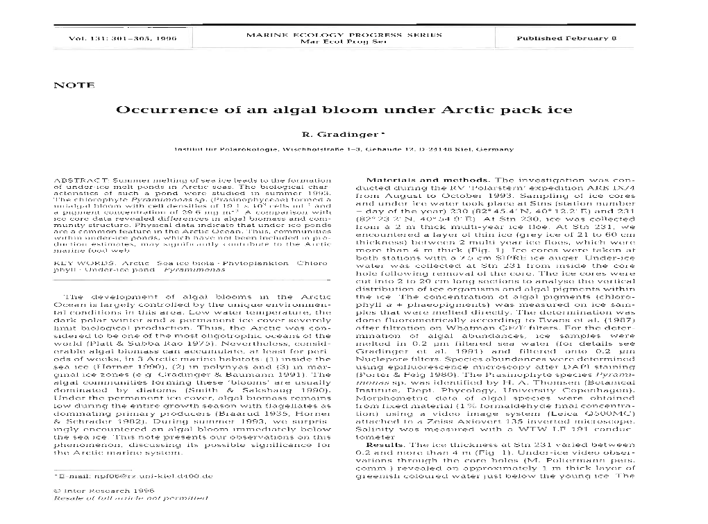 Occurrence of an Algal Bloom Under Arctic Pack Ice