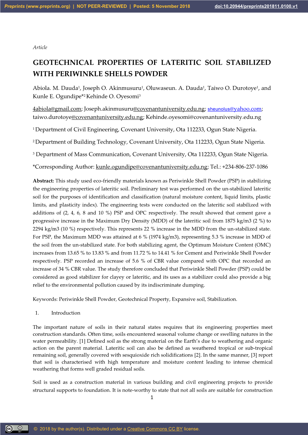 Geotechnical Properties of Lateritic Soil Stabilized with Periwinkle Shells Powder