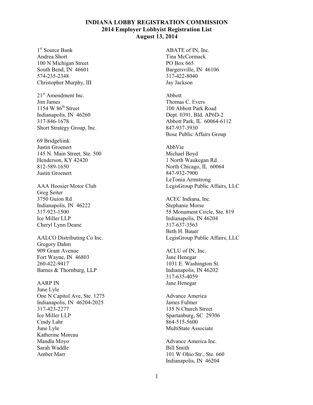 INDIANA LOBBY REGISTRATION COMMISSION 2014 Employer Lobbyist Registration List August 13, 2014