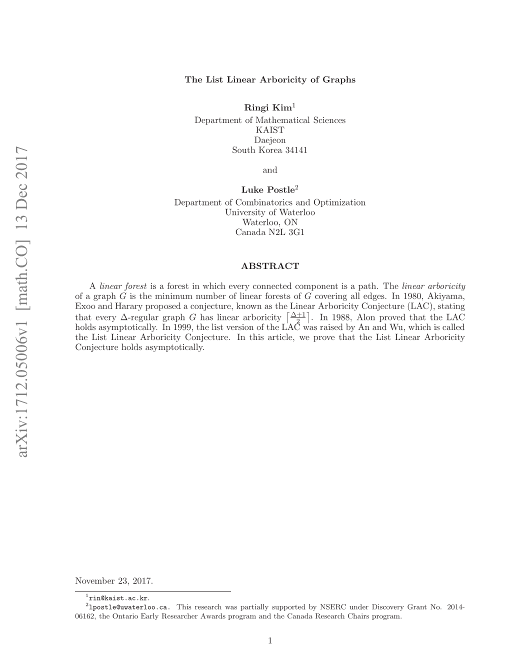 Arxiv:1712.05006V1 [Math.CO] 13 Dec 2017 Oebr2,2017