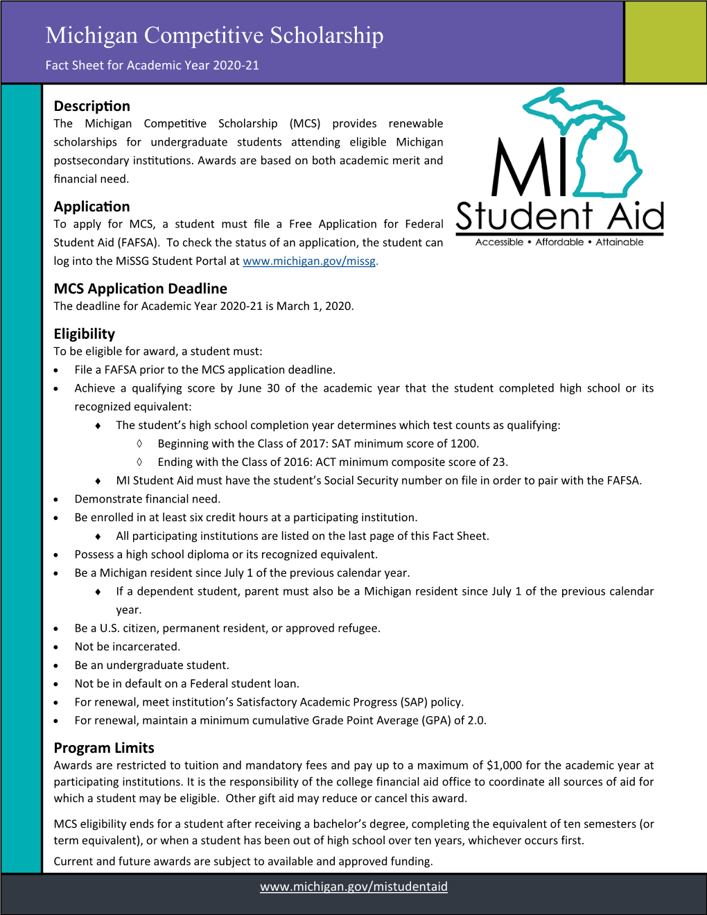 Michigan Competitive Scholarship Fact Sheet for Academic Year 2020-21