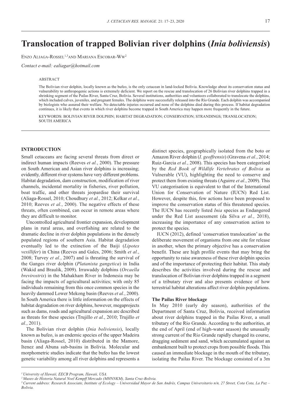 Translocation of Trapped Bolivian River Dolphins (Inia Boliviensis)