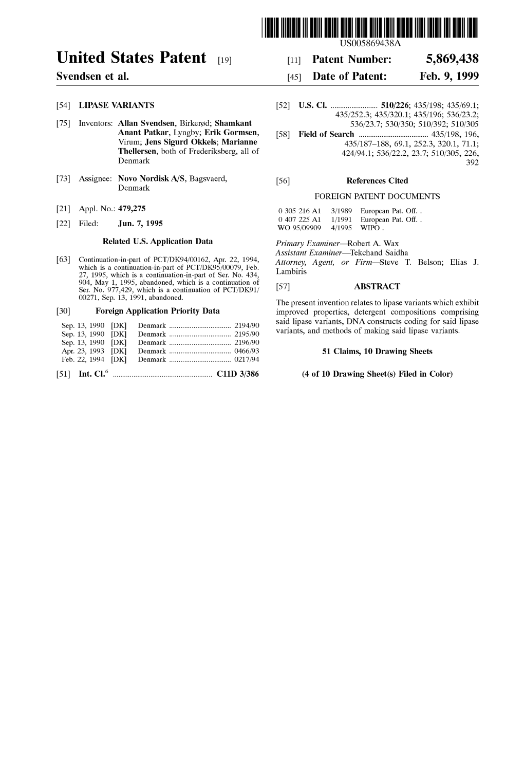 United States Patent (19) 11 Patent Number: 5,869,438 Svendsen Et Al