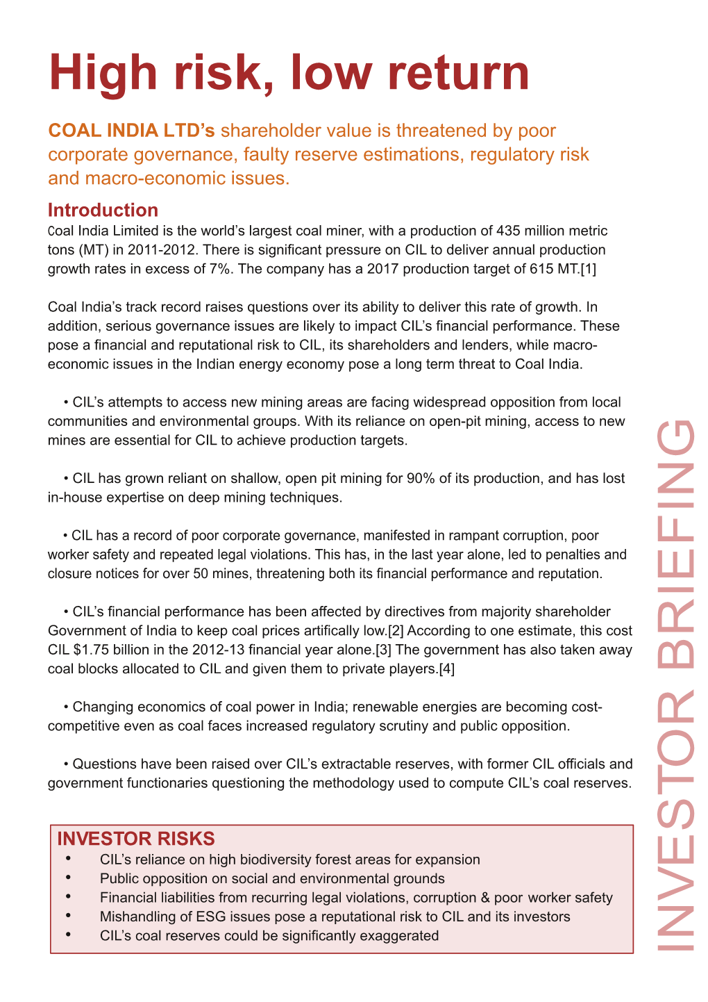 Ngo Documents 2013-08-14 00:00:00 Coal India Investor Brief High Risk