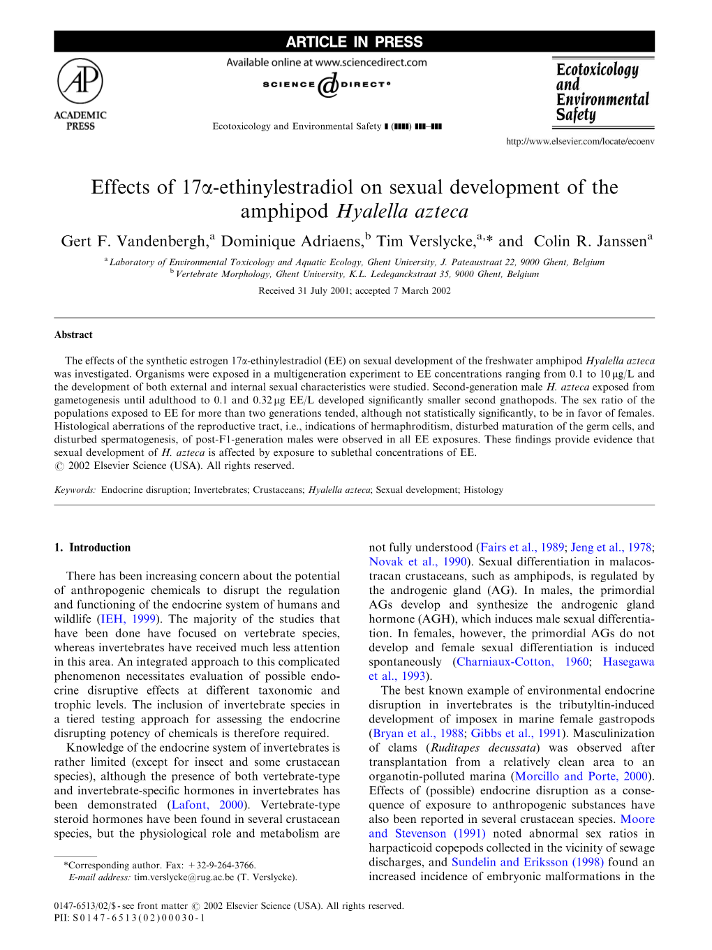 Effects of 17Α-Ethinylestradiol on Sexual Development of the Amphipod Hyalella Azteca