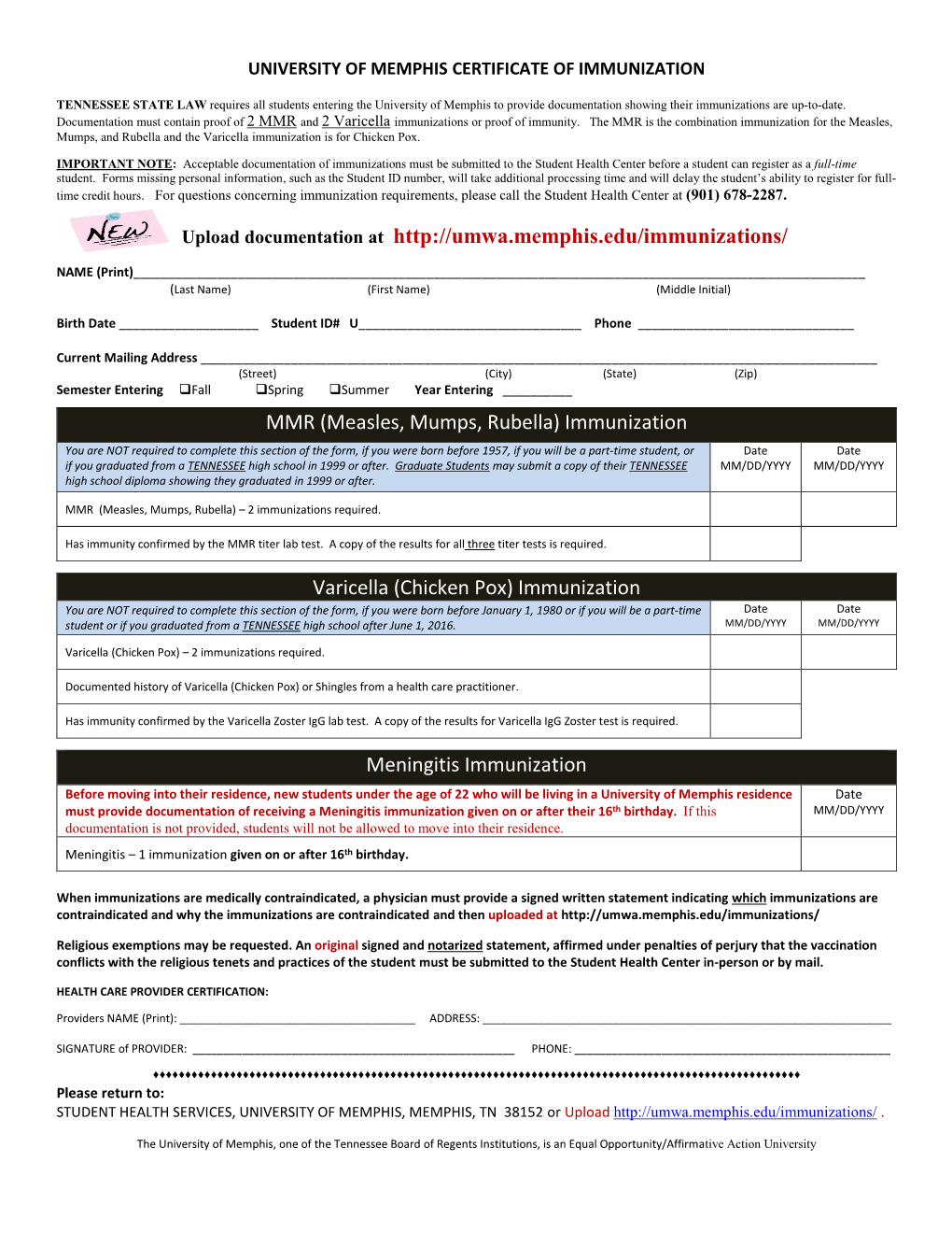 Certificate of Immunization Form