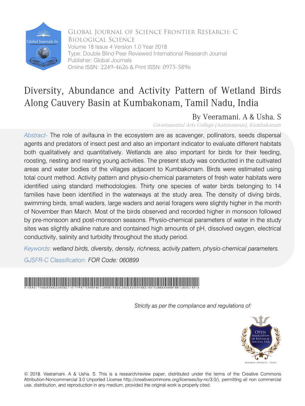 Diversity, Abundance and Activity Pattern of Wetland Birds Along Cauvery Basin at Kumbakonam, Tamil Nadu, India by Veeramani