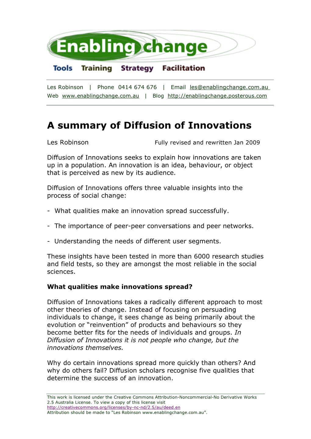 A Summary of Diffusion of Innovations