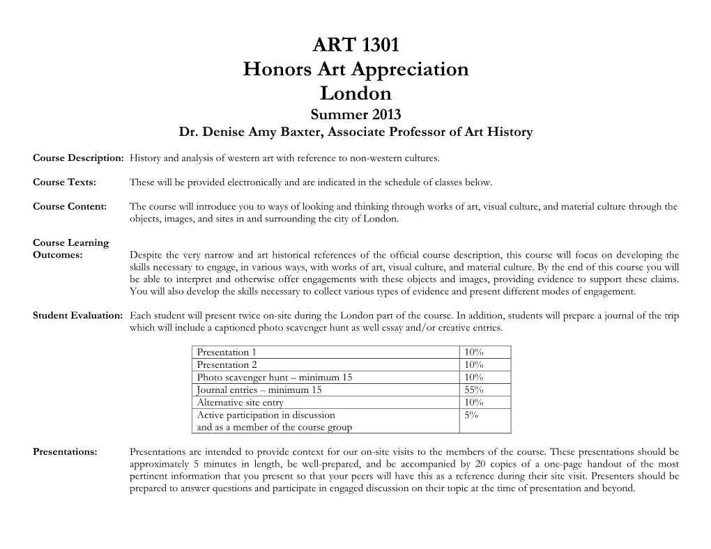 ART 1301 Honors Art Appreciation London Summer 2013 Dr