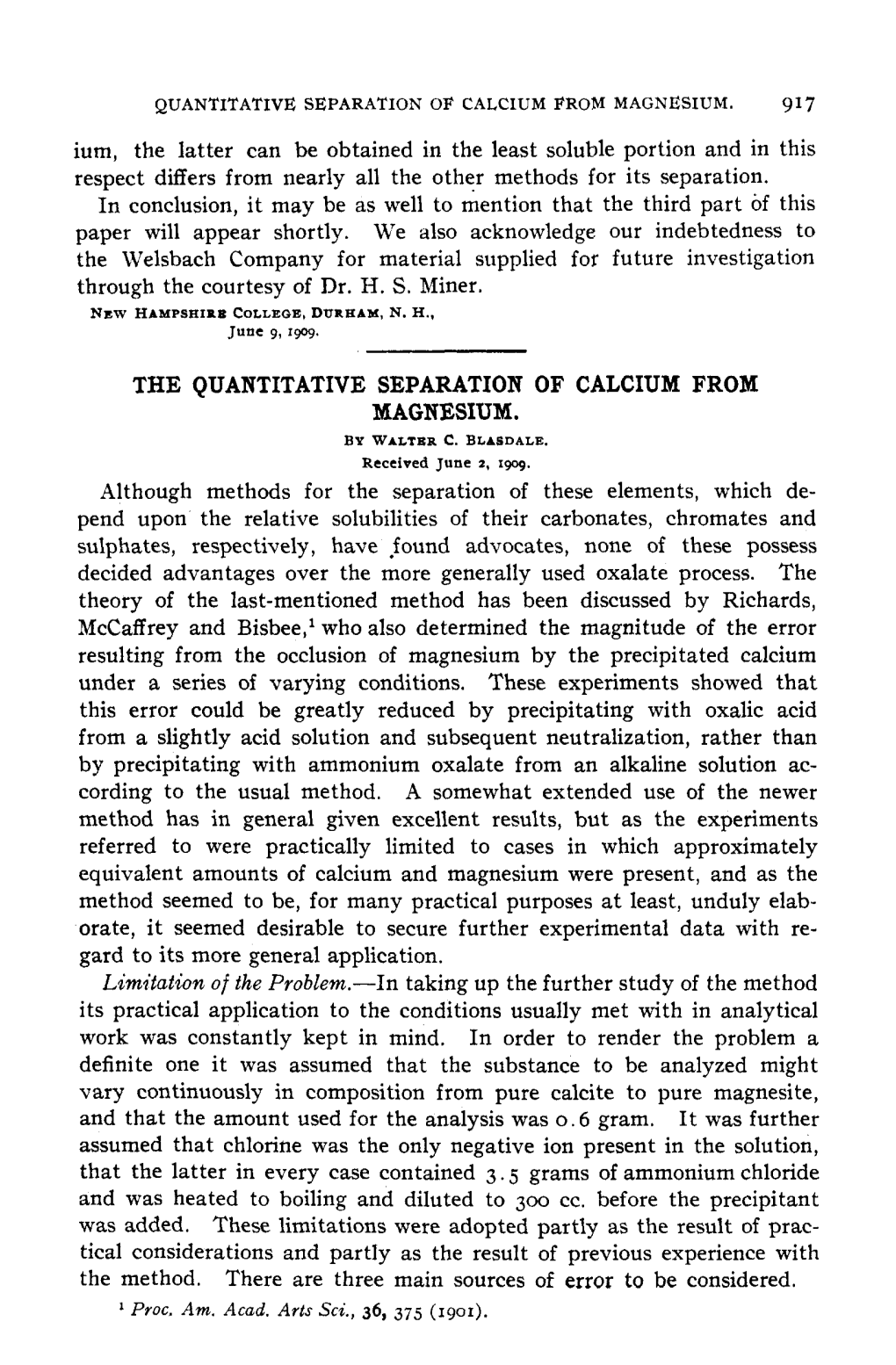 The Quantitative Separation of Calcium from Magnesium. by Walterc