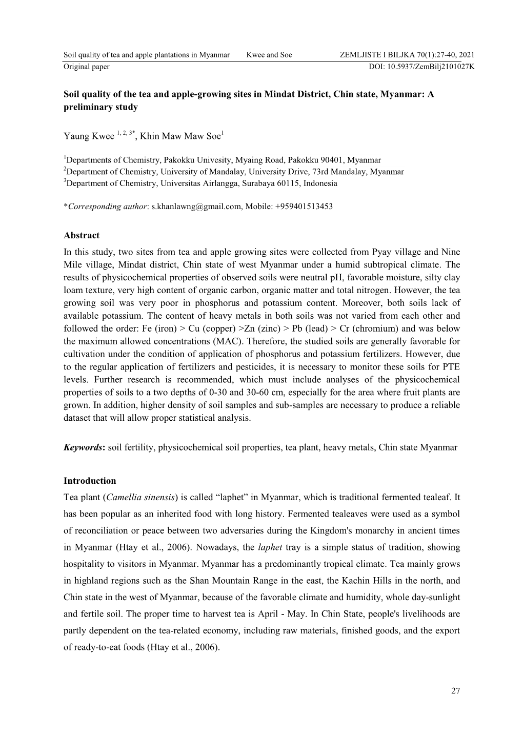 Soil Quality of the Tea and Apple-Growing Sites in Mindat District, Chin State, Myanmar: a Preliminary Study