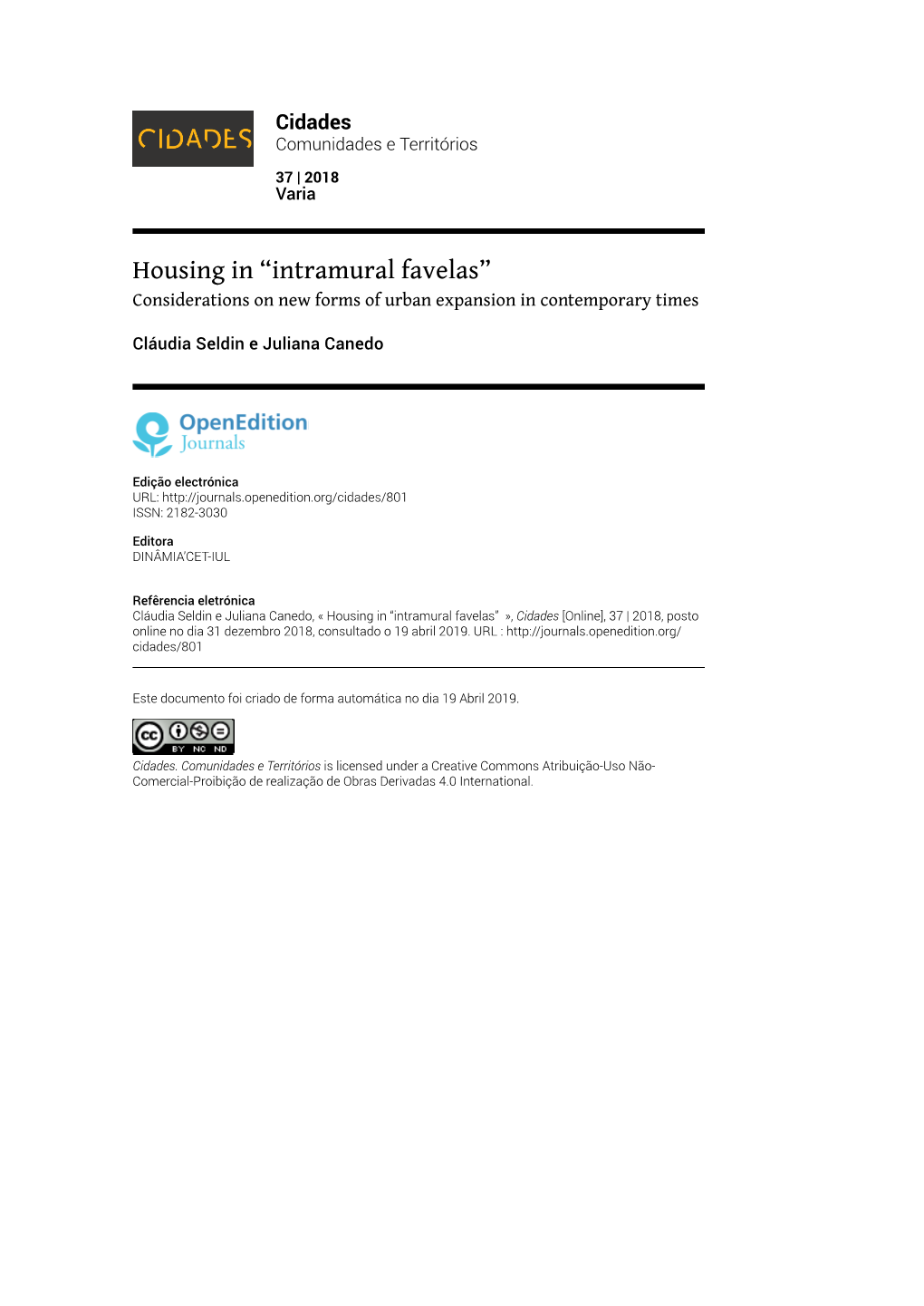 Housing in “Intramural Favelas” Considerations on New Forms of Urban Expansion in Contemporary Times